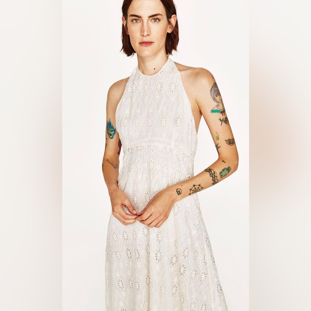 🕊️✨ ZARA White Eyelet Halter Midi Dress ✨🌿 - Picture 6 of 13
